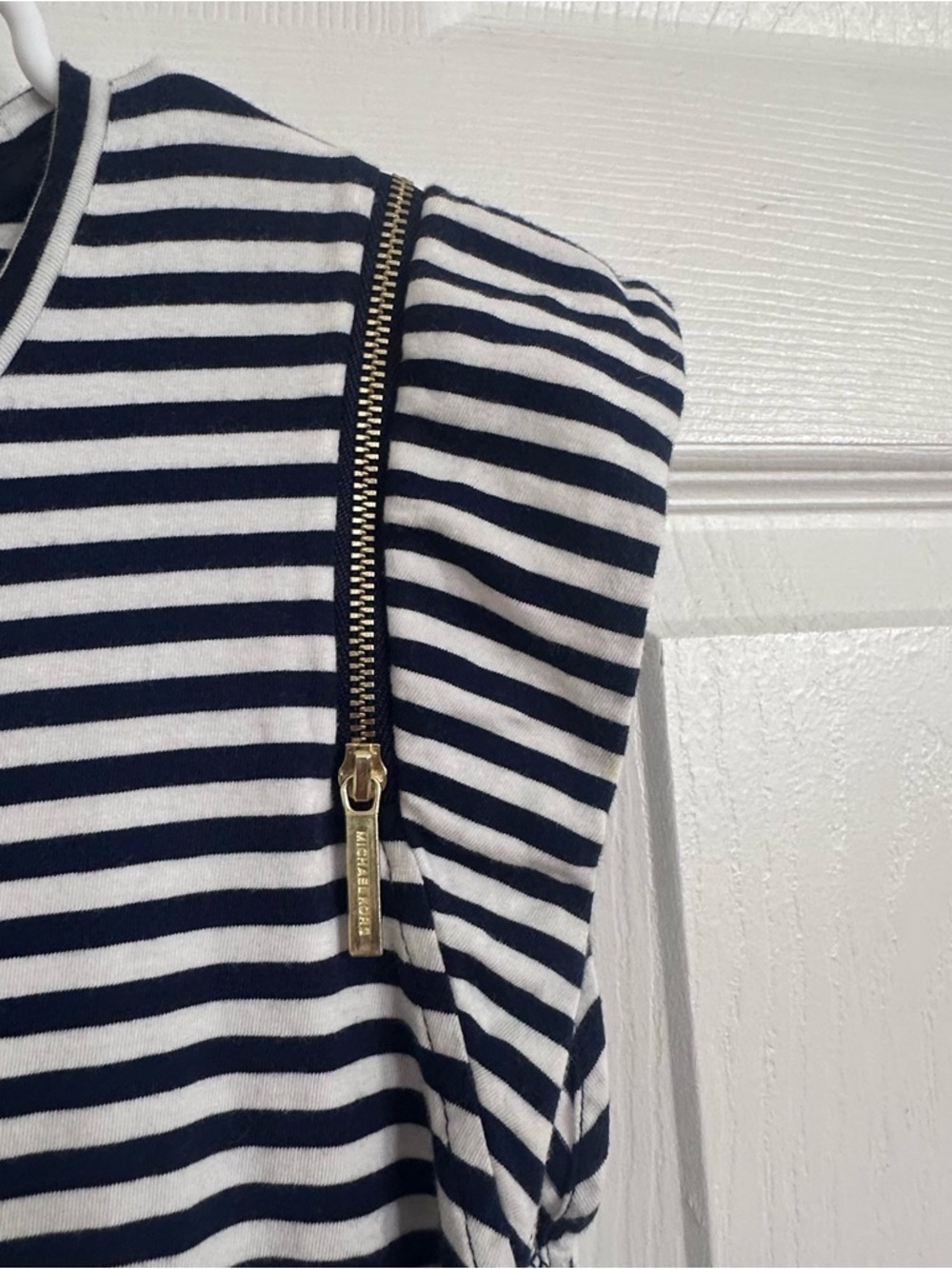 Michael Michael Kors Striped Dress L  Navy White Zip Shoulder Nautical Stretch - Picture 6 of 7